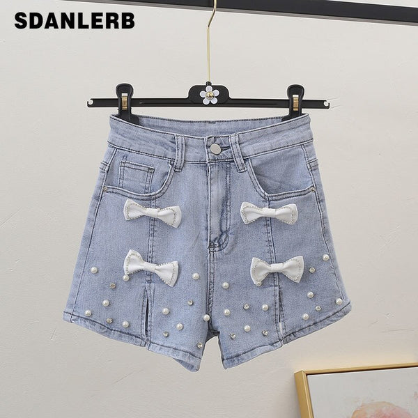 2022 Summer Short Jeans Pearl Cute Three-Dimensional Bow Denim Shorts Women's Elastic Waist Diamond Beaded Wide-Leg Pants