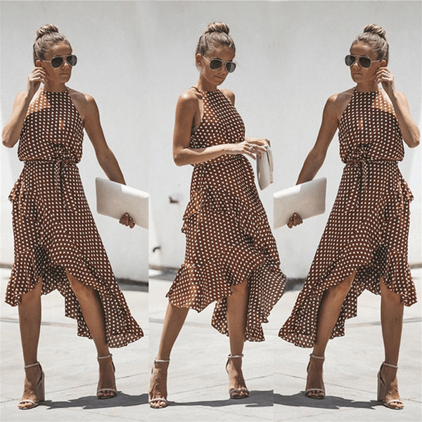 2022 Summer Vintage Women Polka dot Dresses Summer Ruffles Halter Irregular Lace Up Dress Sleeveless Dresses For Female Vestidos