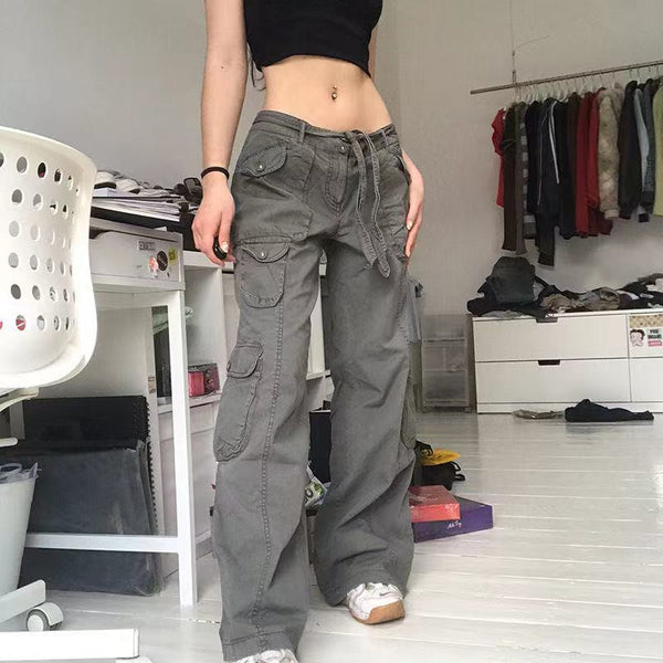 2022 ladies European and American street sports retro multi-pocket mopping y2k loose wide-leg jeans overalls female trend
