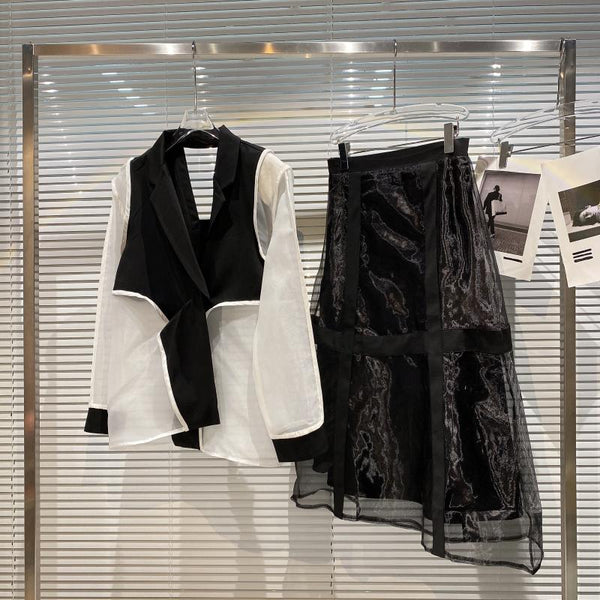 2022 summer suit women's mesh stitching sunscreen long-sleeved suit jacket mid-length skirt suit