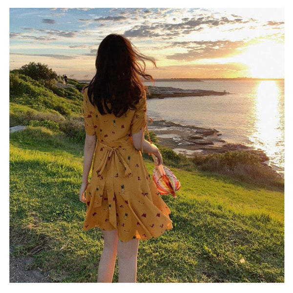 2022 summer seaside holiday beach skirt super fairy forest small gentle Feng Shui fruit print dress