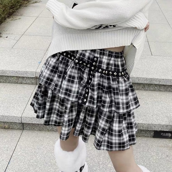 2023 Gothic Harajuku Punk Rivet Plaid Skirt Women Mall Goth Black Double-layer High-waisted Mini Skirts Dark Academia Grunge 90s