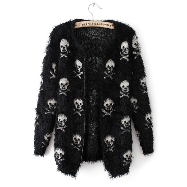 2023 Mohair Skulls Printing Black Cardigans Female Y2k Harajuku Outwear Short Grunge Jumpers Emo Alt Knitted Womens Sweater 90s