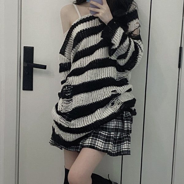 2023 Punk Gothic Long Emo Sweater Women Harajuku Aesthetic Striped Pullovers Hollow Out Oversized Grunge Jumpers Alt Clothes Y2k