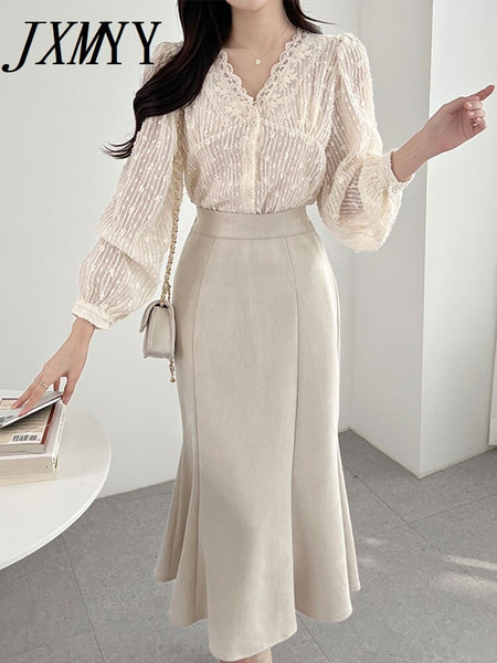 2023 Spring Elegant Temperament Shirt Lace Hook Flower V-Neck Slightly Transparent Puff Sleeve Women's Long-Sleeved Shirt