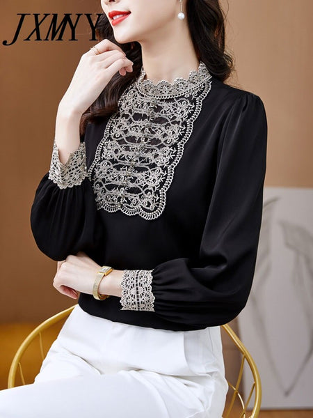 2023 Spring Stitching Embroidery Shirt Women's Petal Stand-Up Collar Long-Sleeved Elegant Temperament Top Beaded Straight Style