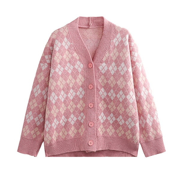 2023 Women Knitted Cardigan Loose Single Breasted Student Knitwear V-neck Korean Oversized Cardigan Winter Plaid Print Sweaters