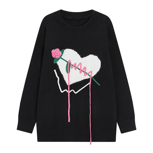 2023 Women's Heart Rose Oversize Y2k Sweater Tops Long Sleeve Kawaii Jumper Autumn Pullover Korean Knitted Coat Vintage Clothing