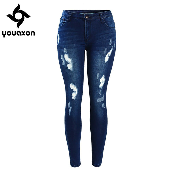 2053 Women`s Fashion Mid Waist Stretch Fading Blue Ripped Slim Denim Pants Jeans For Women