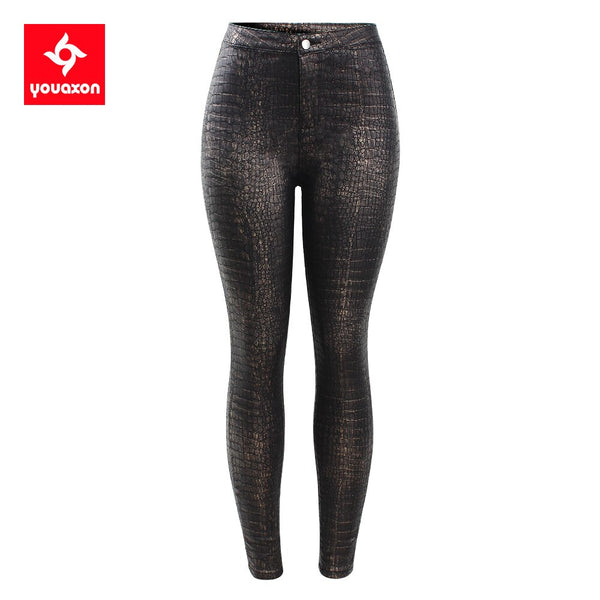 2399 Youaxon Spring Autumn High Waist PU Jeans Women`s Black Golden Crocodile Pattern Stretchy Skinny Pants Trousers For Women