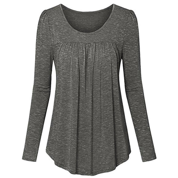 3 Colors Solid Women's O-Neck Long Sleeve Solid Pleated Front Tunic Tops Blouses Shirt Blusa Feminina