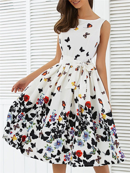 50'S 60'S Women Vintage Summer Dress Butterfly Print Casual White Evening Party Sleeveless Dress