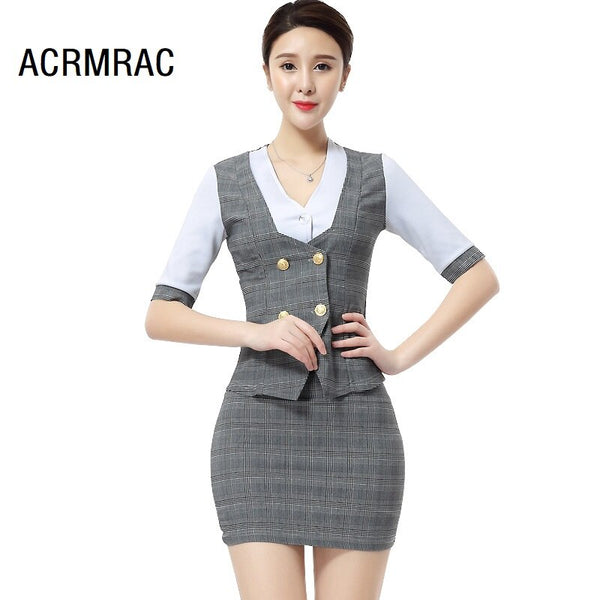 ACRMRAC Women's suits summer short Slim Patchwork Hollow Short sleeve jacket skirt Business OL Formal Skirt Suits 2317