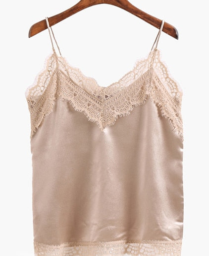 Summer Women's New Lace Camisoles V-collar Lace Stitching Female Fashion Glossy Lace Camis Top