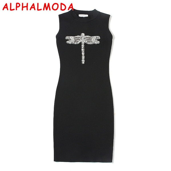 New Arrived Beaded Dragonfly Graceful Knitted Tank Dress Sleeveless Pullovers Bodycon Mini Bottom Dress