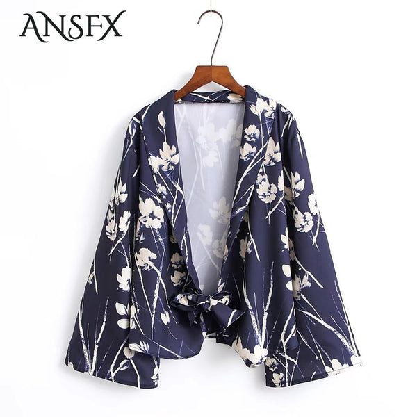 Vintage Woman Floral Leaf Pattern Print Tied Bow Hem Blazers Long Sleeve Ethnic Autumn Suits Outerwear Casual Cardigan
