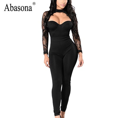 Lace patchwork high waist skinny jumpsuits Women Sexy strapless long lace sleeve tube top Elegant rompers and jumpsuit