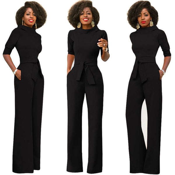 Solid Stand Collar Half Sleeve Casual Jumpsuits with Sashes Office Lady One Piece Wide Leg Pants Women Rompers Overalls
