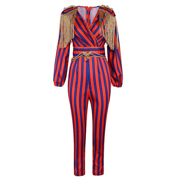 New Runway Fringe Jumpsuits Bodysuit Women Celebrity Party Jumpsuit Long Sleeve Red Blue Striped Tassel Jumpsuit