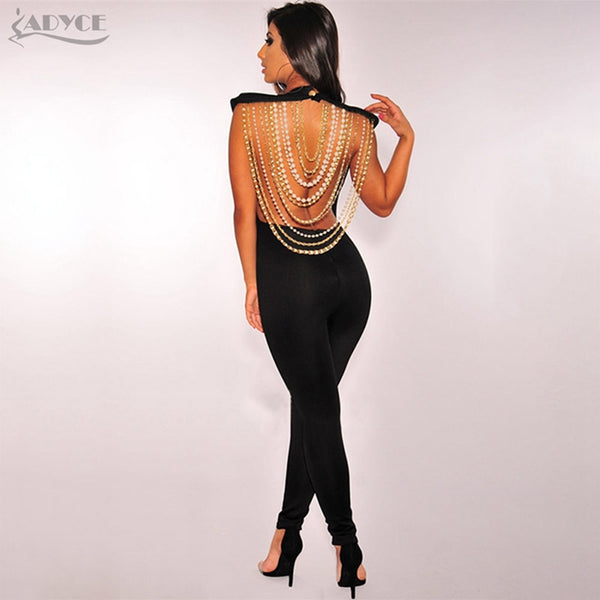 2022 New Summer Women Jumpsuit Elegant Beads Sexy Backless Sleeveless Chain Celebrity Night Club Party Jumpsuits Rompers