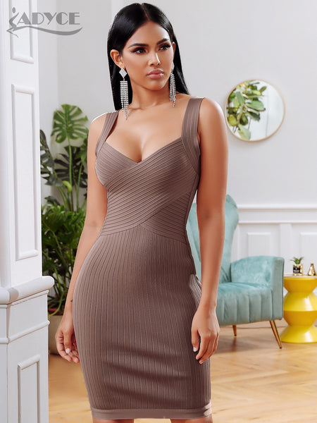 Adyce 2023 Summer Party Bandage Dress Women Sexy Sleeveless Spaghetti Strap Bodycon Midi Khaki Celebrity Evening Club Dress
