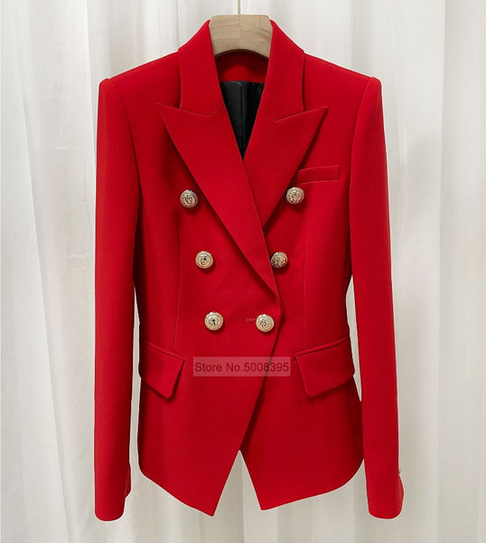 Amazing 2022ss Classic Red Blazer Gold Lion Buttons Double Breasted Elegant Ladies Suits with Shoulder Pads