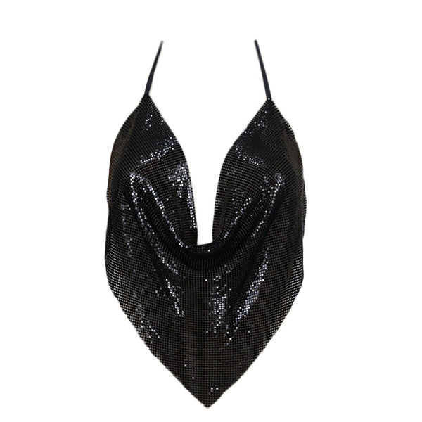 Elegant Metal Crop Top 2022 Summer Sexy Backless Bralette Camisole Beach Halter Gold Sequin Party Club Women Tank Top