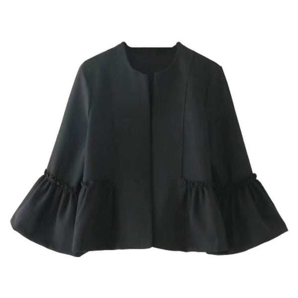 Antumn Women Solid Jacket Sweet Ruffles Flare Sleeve Coats Solid Female Open Stitch Design Outerwear