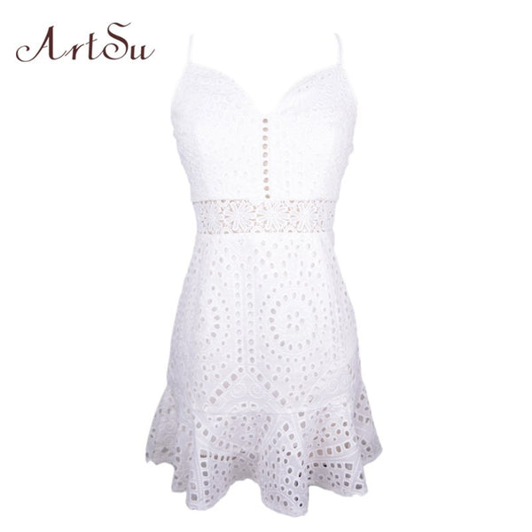 ArrSu Sexy Lace Strap Sleeveless Short A-Line Dress Women Deep V Neck Ruffle Robe Hollow Out Party Dresses Vestidos ASDR30468