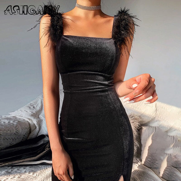 Ashgaily 2022 Sexy Velvet Dress Women Sleeveless Dress Solid Feathers Bodycon Clothes Party Club Outfits Femme