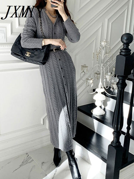 Autumn And Winter Twist Knitted Elegant Temperament Dress Single-Breasted Design Slim Slit Skirt Women's Clothing