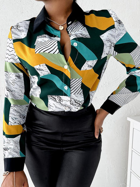 Autumn Print Blouse For Women Casual Long Sleeve Tops Elegant Office Lady Shirt Loose Streetwear Turn-down Collar Blouse