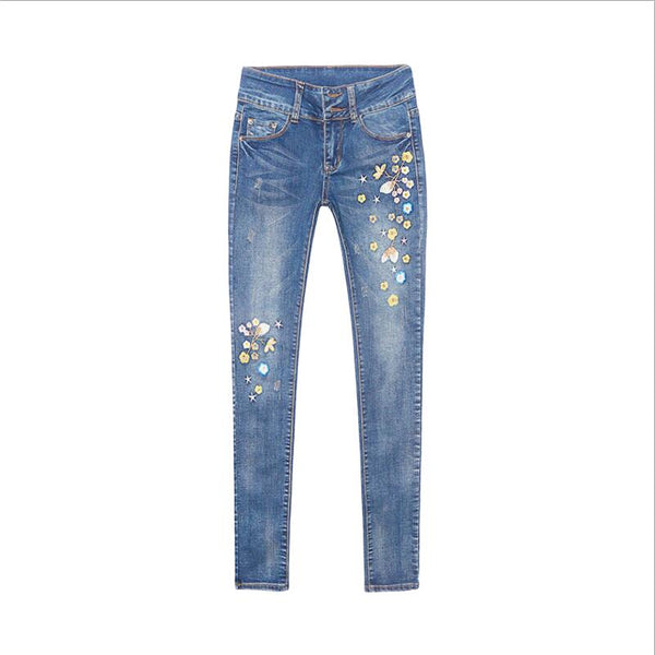 Autumn Flower Embroidery Jeans Women Pantalon Femme Woman Jeans Skinny Trousers winter Denim Pants Stretch Pencil Jeans WICCON