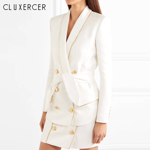 Autumn Formal Women Skirt Suits Double Breasted Shawl Collar Blazer Jacket+Mini Pencil Skirt Two Piece Set Outfits Women Suits
