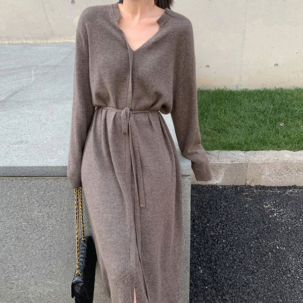Autumn 2022 Japanese Style Korean Women's Clothing Solid Color Long Sleeve V-neck Casual Simplicity Knit Dress