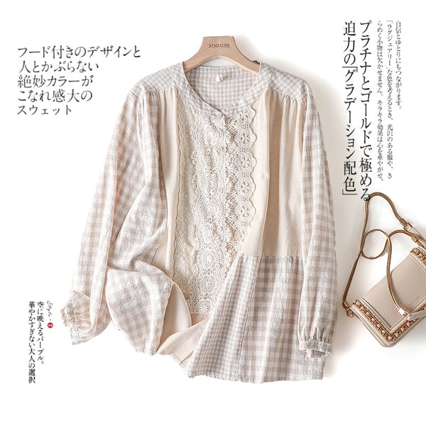 Autumn Japanese Female Cotton Splicing Collar Shirt Relaxed Joker Retro Literary Leisure Women Blouses Mori Girl