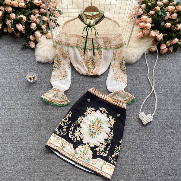Autumn Suits, Ladies Shirts, Design Sense, Lace Stitching, Chiffon Tops, Printed Skirts, Fashionable Two-piece Suits