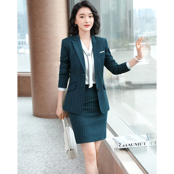 Autumn Winter Designer Office Ladies Women Long Sleeve Striped Suits Dress Blazer Skirts 2 Pieces Sets Plus Size S-4XL Clothes