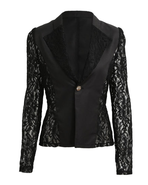 Autumn Women K-pop Blazer Jacket Lace Splicing Long Sleeves Slim Suit One Button Casual Coat Work Wear Black/White Blazer Mujer