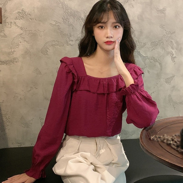 Autumn Women White Shirt Square Collar Long-sleeved Solid Color Petal Sleeve Thin Blouses Women Clothing
