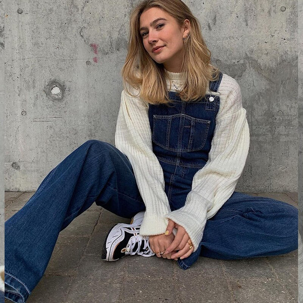 B-TOTO European And American Retro Blue Simple Denim Suspenders Trousers Loose Wild And Thin Straight-leg Pants 2022 Fashion