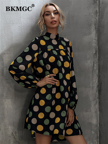 BKMGC Black Women Midi Dresses Long Sleeve Spring Autumn Mock Neck Loose Yellow Green Dots Print Simple Casual Party 6893
