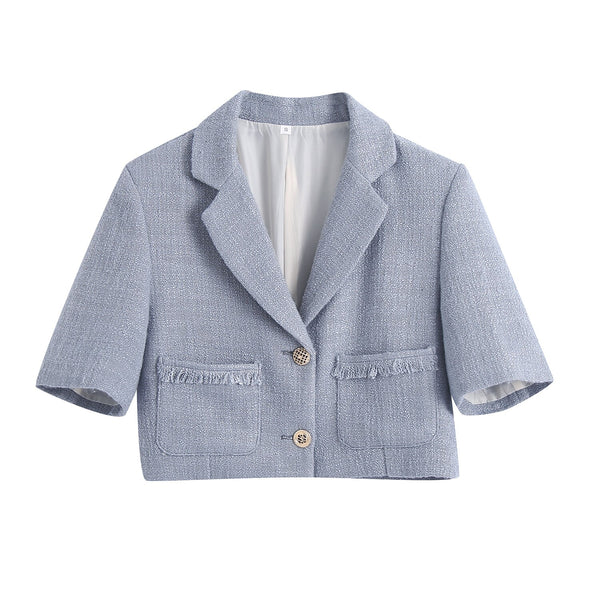 BLSQR Women Tweed Cropped Blazer Coat Vintage Short Sleeve Tassel Pockets Female Outerwear Chic Veste