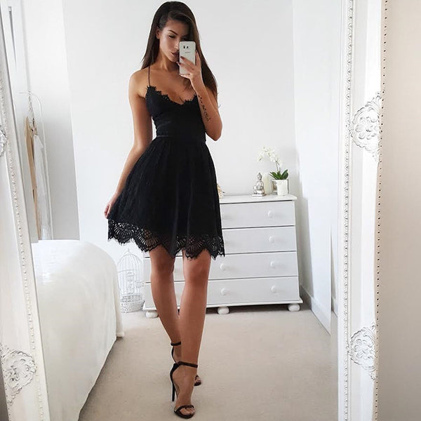 Spaghetti Strap Sexy Lace Dress Women Sleeveless V-Neck Loose Summer Dress Cotton Black Elegant Party Dresses