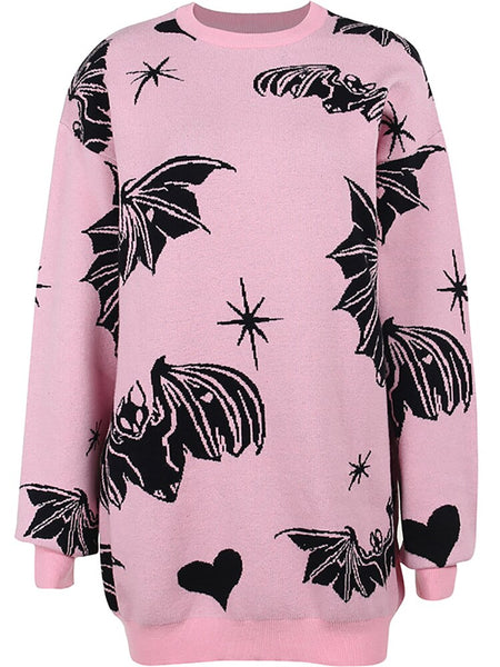 Bat Graphic Print Harajuku Punk Pink Emo Long Knitted Women Sweaters Gothic Aesthetic Grunge Pullovers Streetwear Alt Clothings