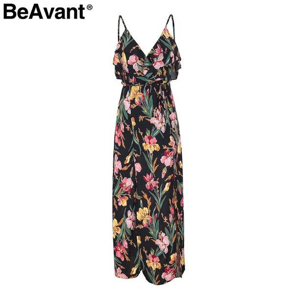 BeAvant Backless v neck ruffles sexy dress women High waist split long dress summer Beach maxi dress print dress vestidos