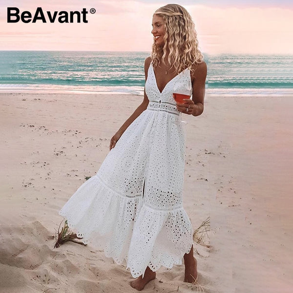 BeAvant Embroidery cotton white summer dress women Sexy v neck spaghetti strap long dress High waist button casual dress female