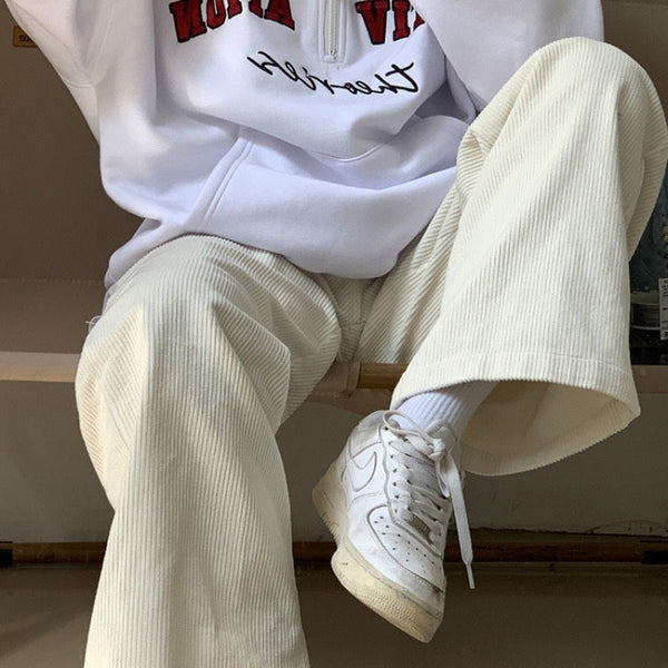 Beige Corduroy Wide Leg Pants Women Korean Style Soft Girl Pink Spring 2022 Plus Size Black Trousers For Female Oversize