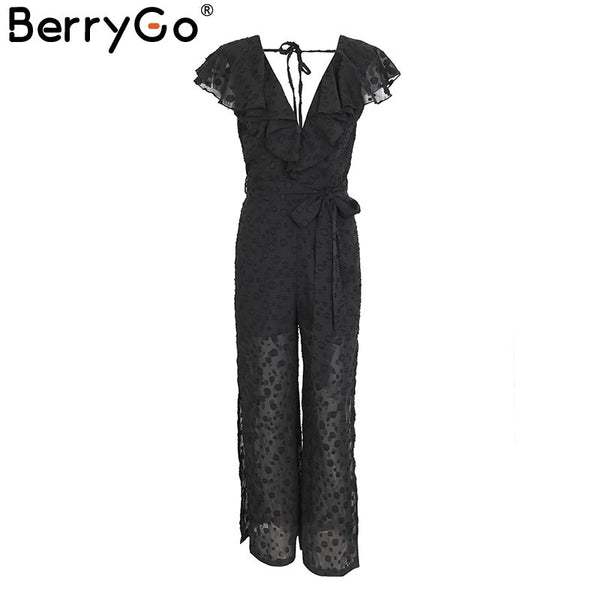 Sexy v neck tiered ruffle black jumpsuit women Side split loose floral romper jumpsuit Sash backless summer playsuit