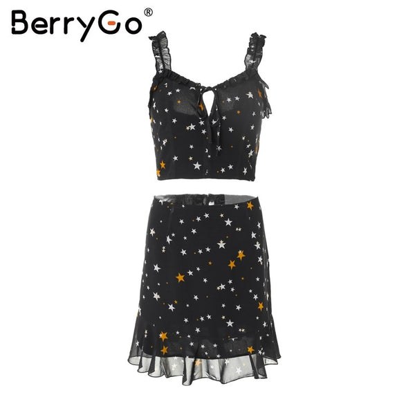 Star print two-piece summer dress Women sleeveless ruffle casual dress 2022 Strap tie up short dress black vestidos